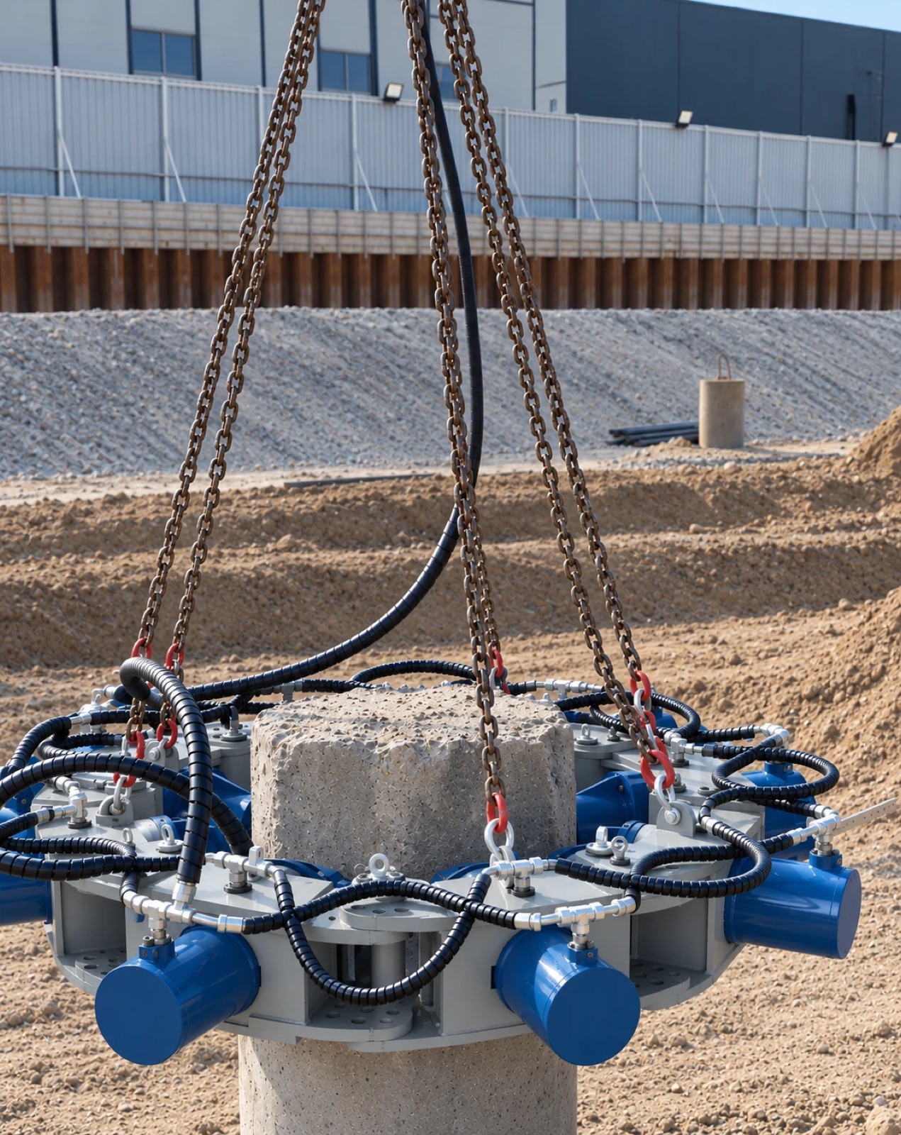 Pile cropper hanging from chains, clamped around a concrete pile on site
