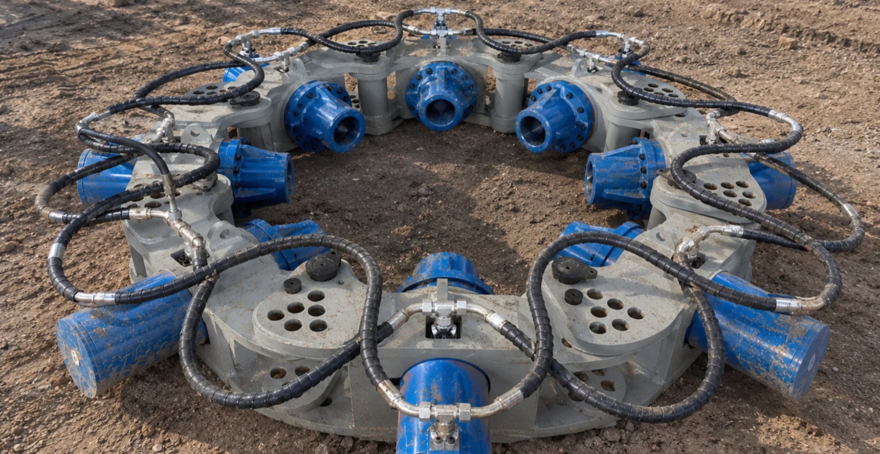 Modular hydraulic pile cropper resting on site, ring of blue jaw cylinders and hydraulic hoses